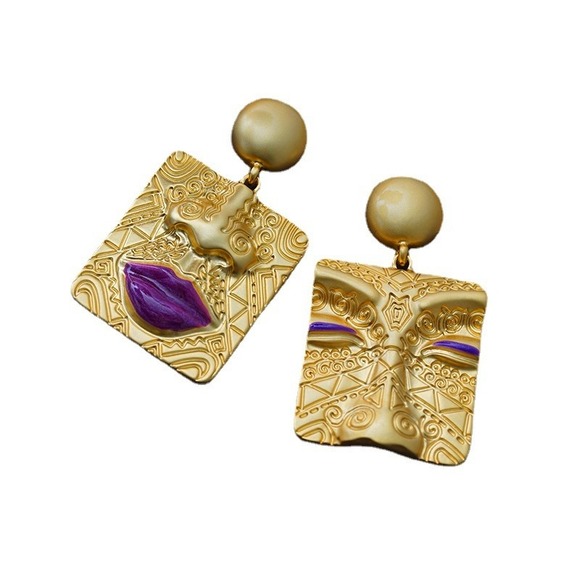Gold Face Earrings Purple‎ Accent Statement Earrings Women's Jewelry - Picture 5 of 5